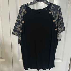 SOLD Black Blouse with Camo Sleeves with Buttons Short Sleeves